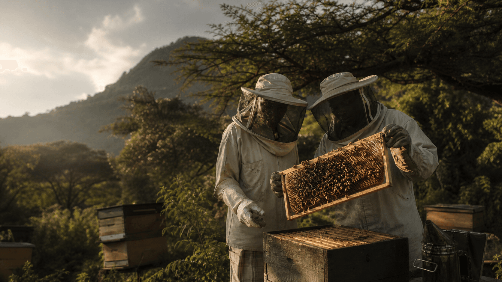 Beekeepers inspecting honey frames
