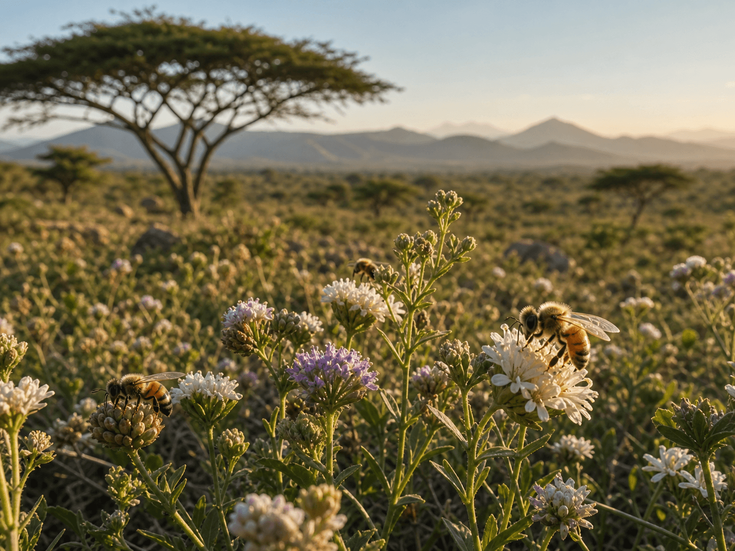Bees pollinating wildflowers in a Kenyan landscape